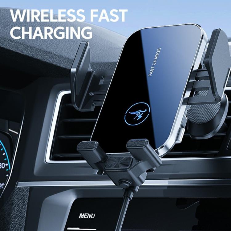 Wireless Qi car phone holder with air-vent clip, silver face and rotatable charging cradle