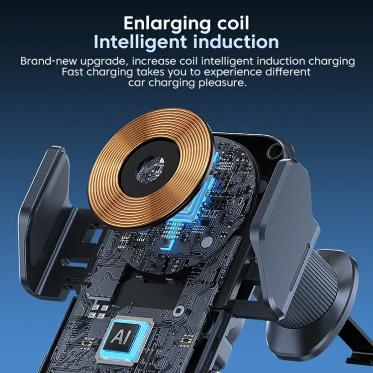 Qi wireless car charger phone holder showing copper coil plate and vent clip mount