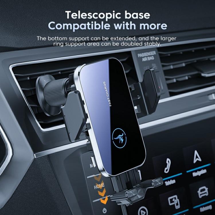Qi wireless car charger phone holder with telescopic base, silver supports and vent clip