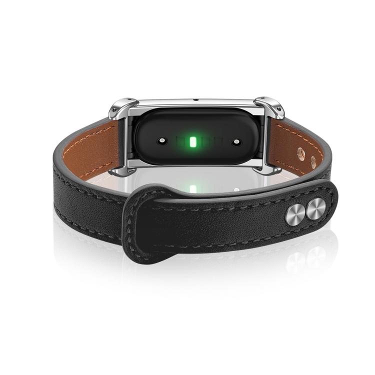 Metal Case Integrated Double Studs Genuine Leather Watch Band, For Google Fitbit Air