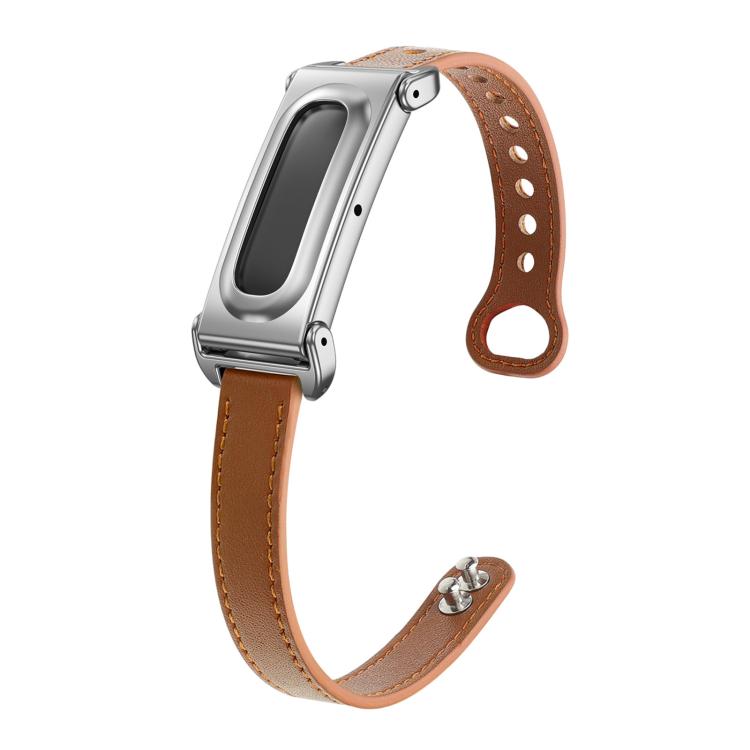 Metal Case Integrated Double Studs Genuine Leather Watch Band, For Google Fitbit Air