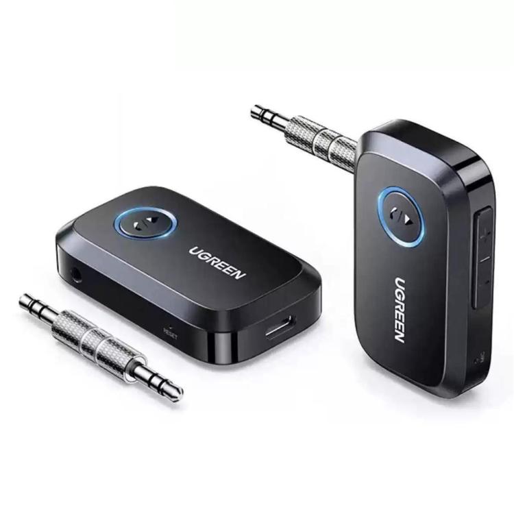 Bluetooth audio receiver adapter with 3.5mm AUX cable, black and silver, blue control