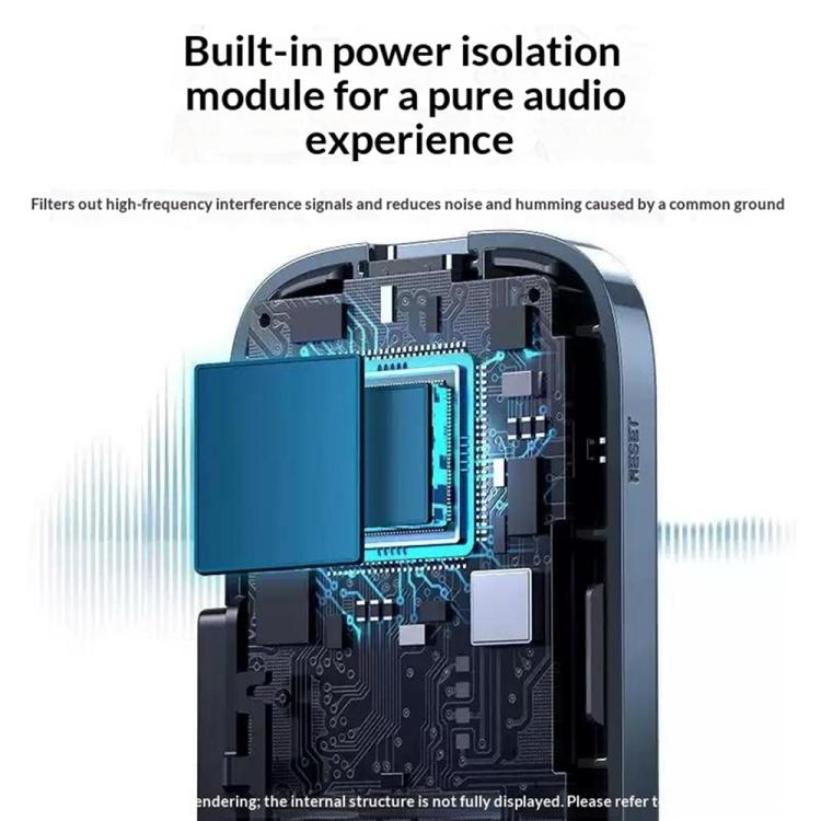 Bluetooth audio receiver internal module view with circuitry and shielding in dark housing