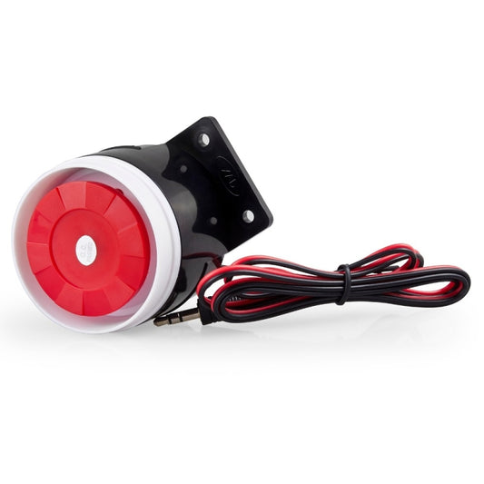 Mini wired alarm horn siren with red diaphragm and black bracket, connected cables