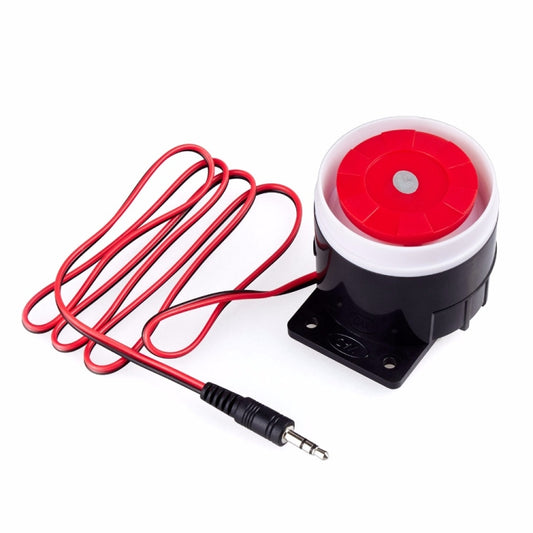 Mini wired alarm horn siren with red sounder and black mounting base, wired cable