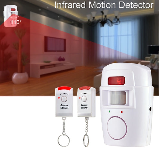 White PIR infrared motion sensor alarm with remote controls and keychain rings