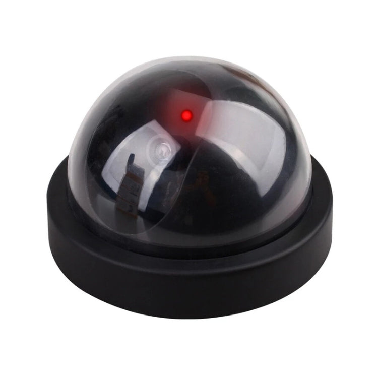 Black dome security camera with clear lens and red LED indicator