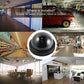 Outdoor-style black dome security camera with clear front lens and red LED