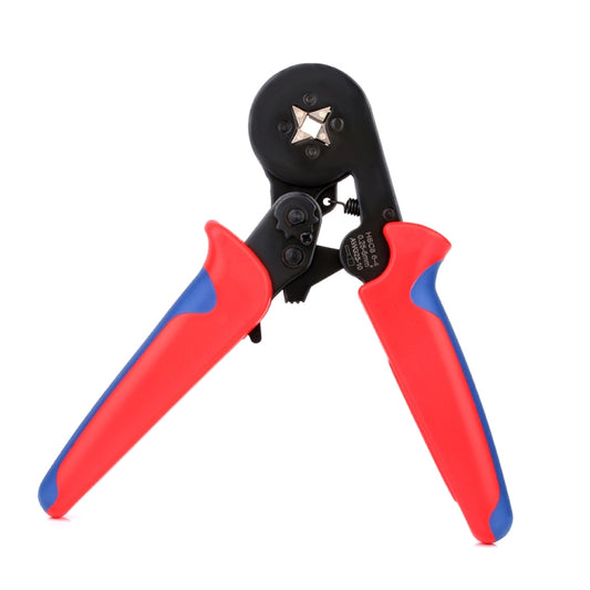 Hand crimping tool showing jaws and crimp die, red and blue grip handles