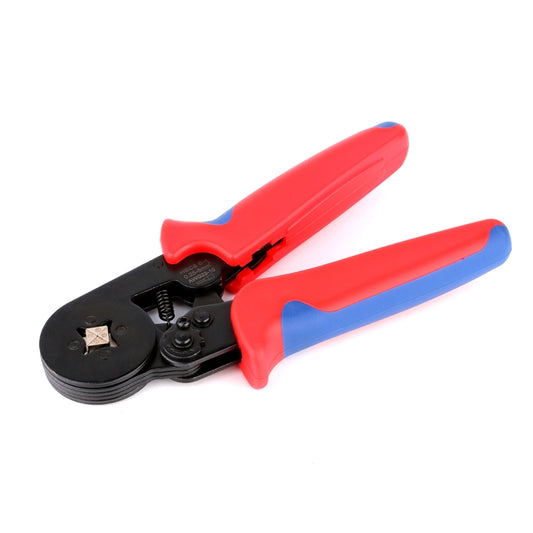 Hand crimping tool with ratcheting head, red-and-blue non-slip handles