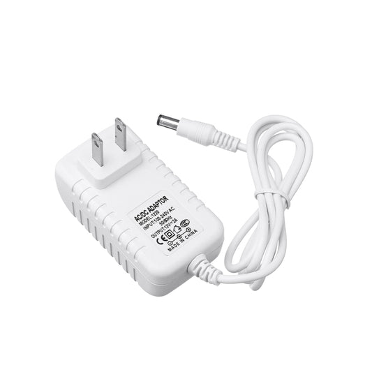 White AC to DC power adapter with flat US plug and DC output cable