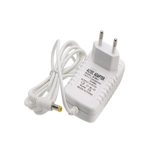 White AC to DC power adapter with 2-pin EU plug and DC barrel connector for LED strips