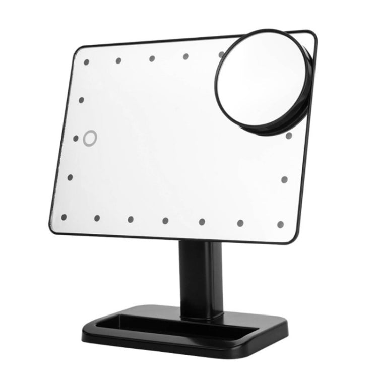 Black LED touch mirror with circular sensor head and square base stand