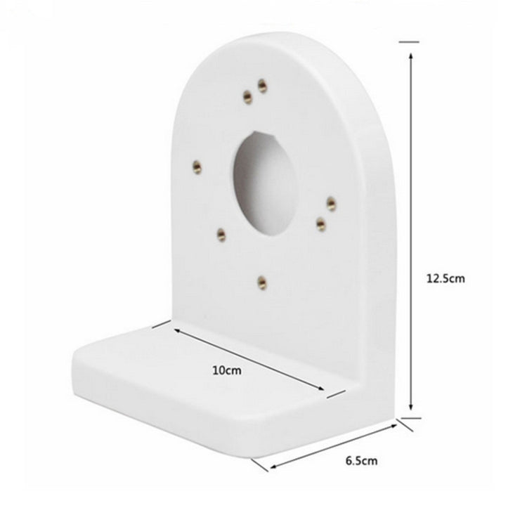 White L-type right angle wall mount bracket with mounting hole and size labels