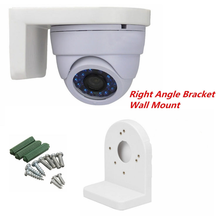 White plastic L-type right angle wall mount bracket kit with screws and camera bracket