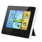 Wireless weather station front view with blue indoor/outdoor panels and barometer forecast graphics
