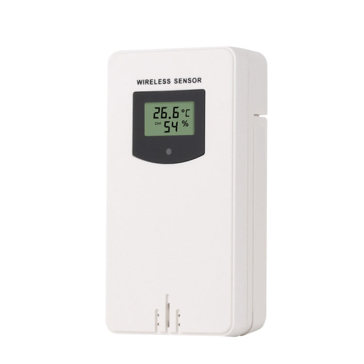 Wireless outdoor sensor module in white housing with LCD showing temperature and humidity