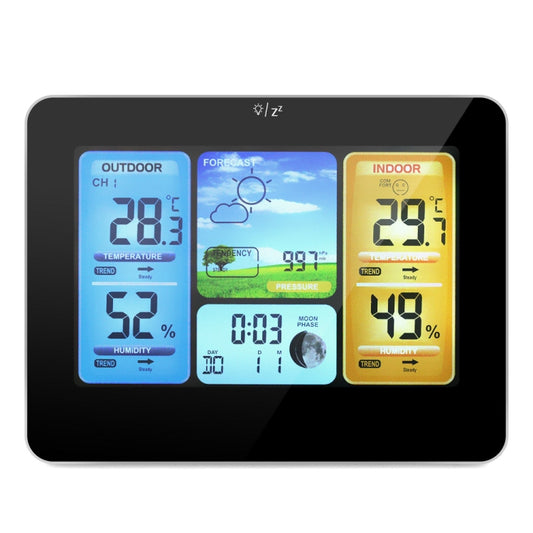 Wireless weather station display with outdoor and indoor temperature, humidity, and pressure readouts