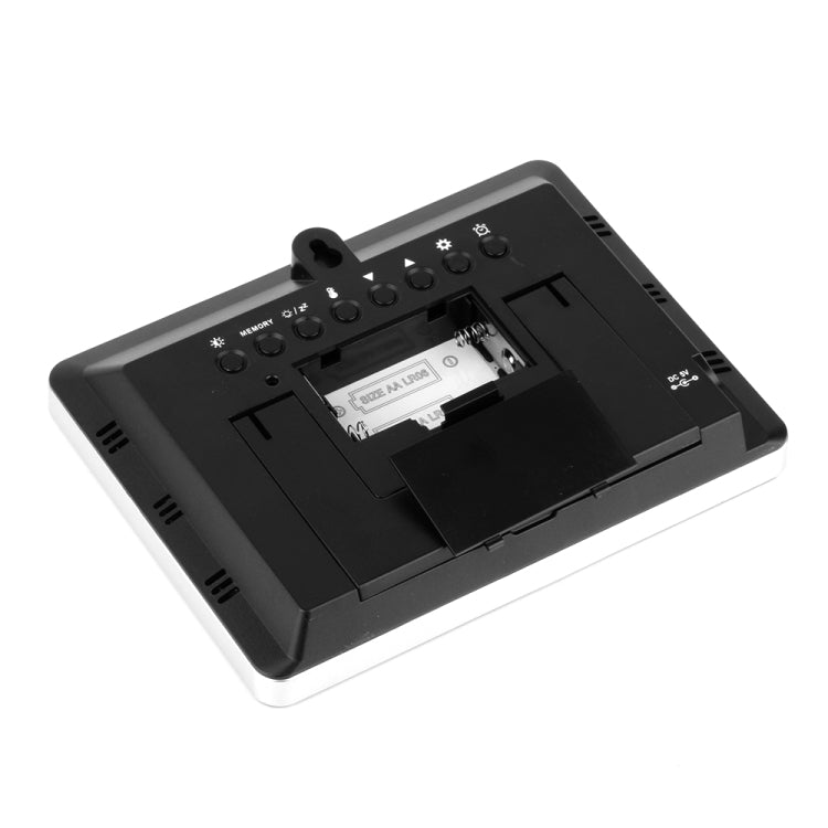 Wireless weather station base underside with battery compartment cover and ventilation openings