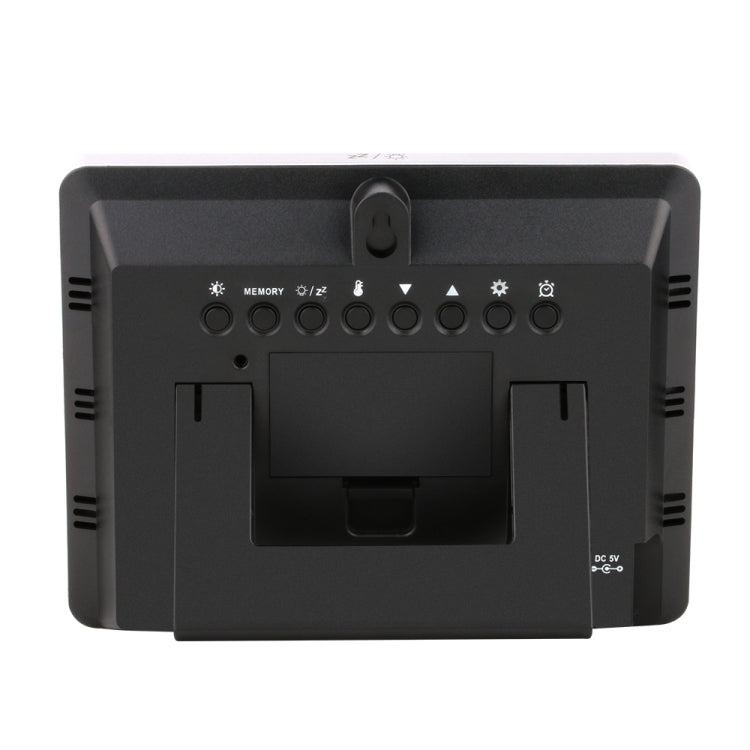 Wireless weather station front bottom controls with ports and DC 5V marking