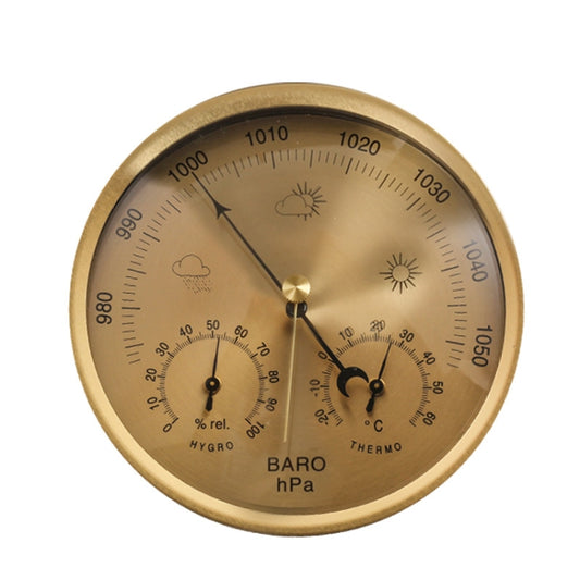 Gold round weather instrument dial with black pressure, humidity, and temperature hands