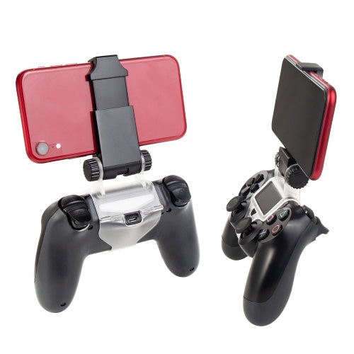 Adjustable phone clamp for game controller with black mount, holding a red smartphone.