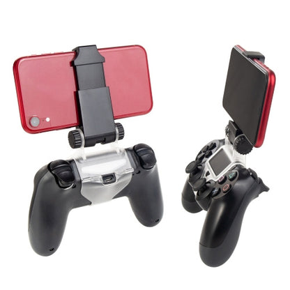 Adjustable phone clamp for game controller with black mount, holding a red smartphone.