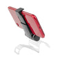 Adjustable controller phone clamp, holding a red smartphone in portrait view.