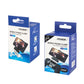 Mobile phone clamp retail boxes for PS4 controller, blue and white packaging.