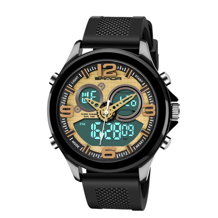 SANDA 793 large dial tide watch with black textured strap and teal digital display