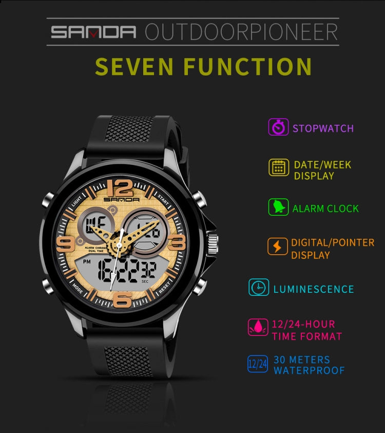 Digital wristwatch with black case, gold dial, three subdials, black strap