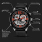 Digital wristwatch with black case, gray dial, orange accents, textured strap