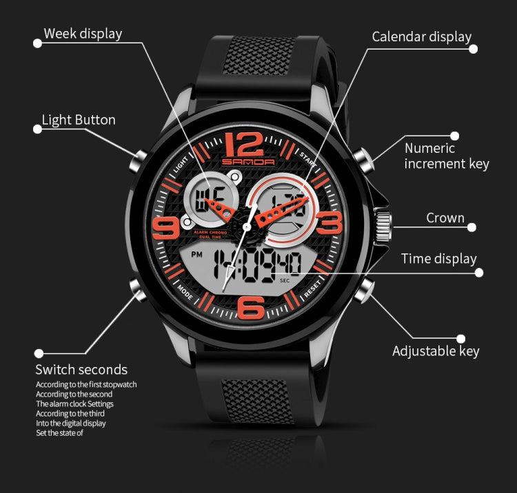 Digital wristwatch with black case, gray dial, orange accents, textured strap
