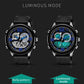 Digital wristwatch with black case, blue accents, luminous display, textured strap
