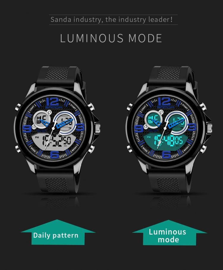 Digital wristwatch with black case, blue accents, luminous display, textured strap