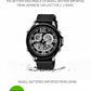 Digital wristwatch with black case and black textured strap, luminous gray dial