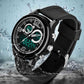 Digital wristwatch with black case, green luminous dial, black strap with buckle