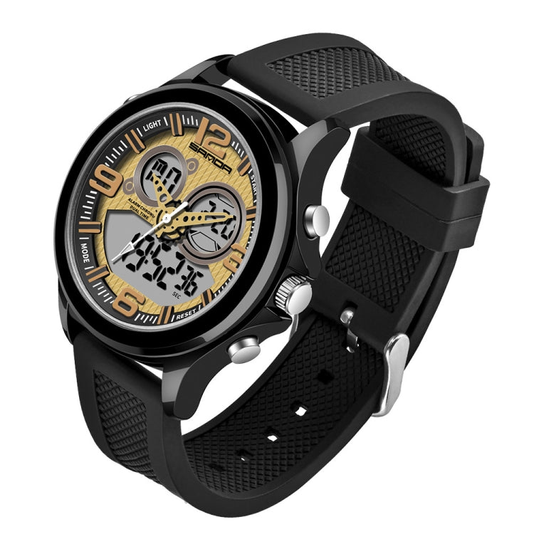 SANDA 793 tide watch with black silicone strap, round case, and gold-accented dial