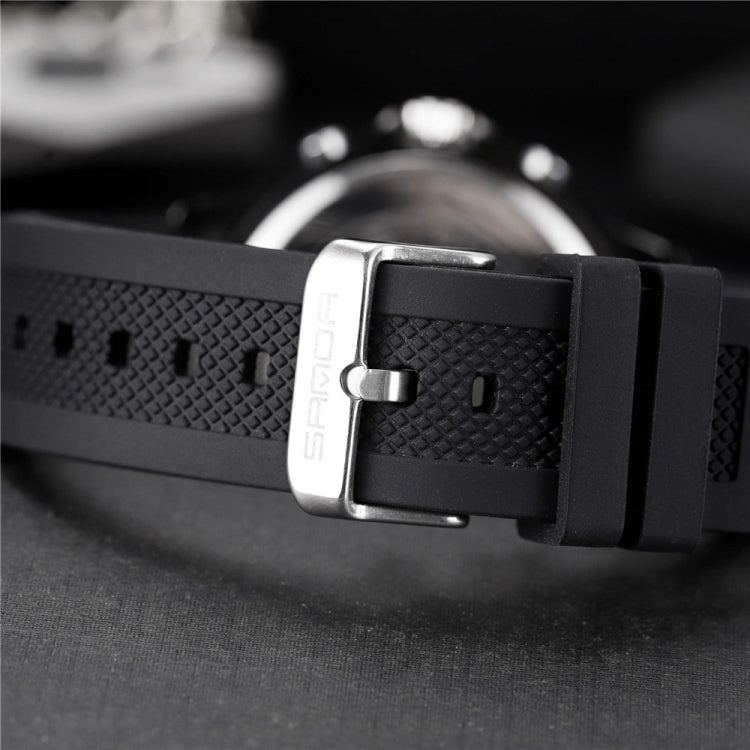 SANDA 793 tide watch with black perforated silicone strap and silver buckle