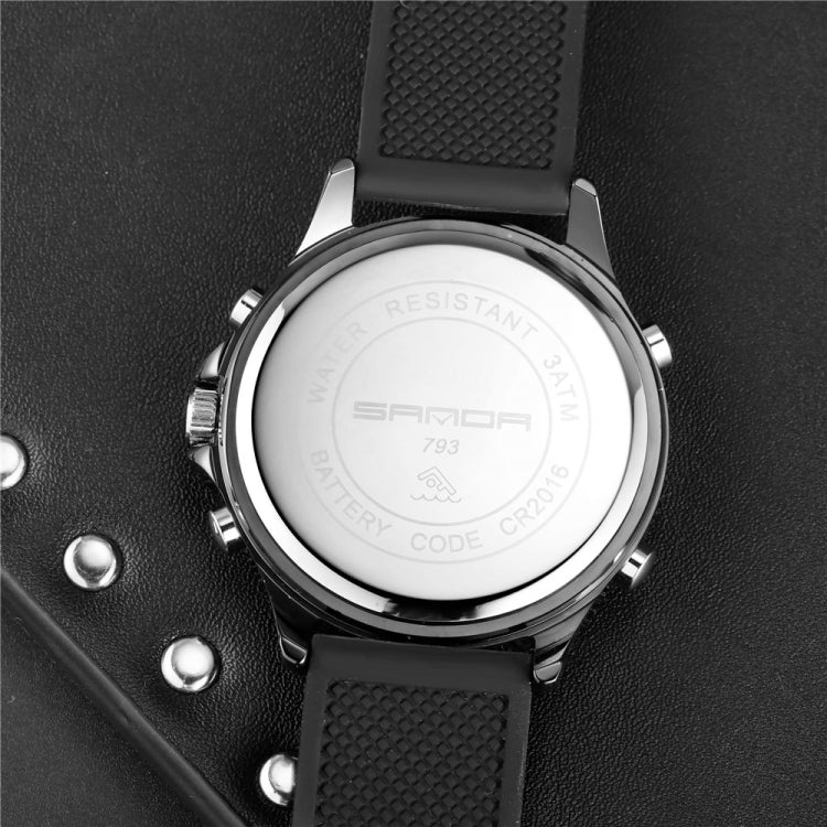 SANDA 793 tide watch back plate with text and black silicone strap
