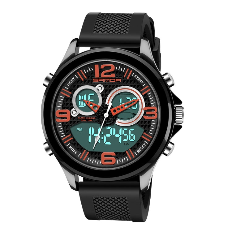 Digital wristwatch with black case, glowing green dial, three subdials, rubber strap