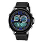 Black electronic wristwatch with blue bezel, luminous digital display, two subdials