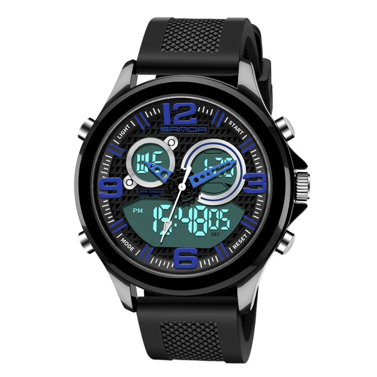 Black electronic wristwatch with blue bezel, luminous digital display, two subdials