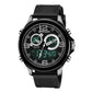 Black electronic wristwatch with green luminous display, two circular subdials