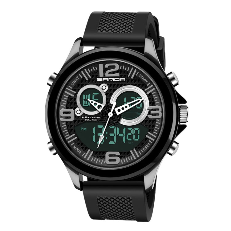 Black electronic wristwatch with green luminous display, two circular subdials