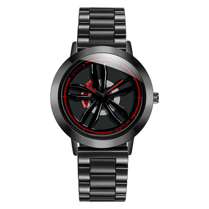 Men's steel band analog watch with black dial and red-accent hands, round case