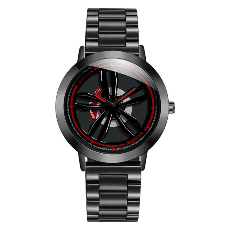 Men's steel band analog watch, black dial with red ring detail and red-accent hands