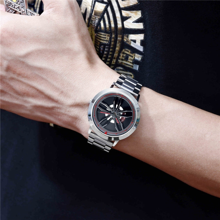 Men's steel-bracelet watch on wrist with black racing-wheel dial and red accents.