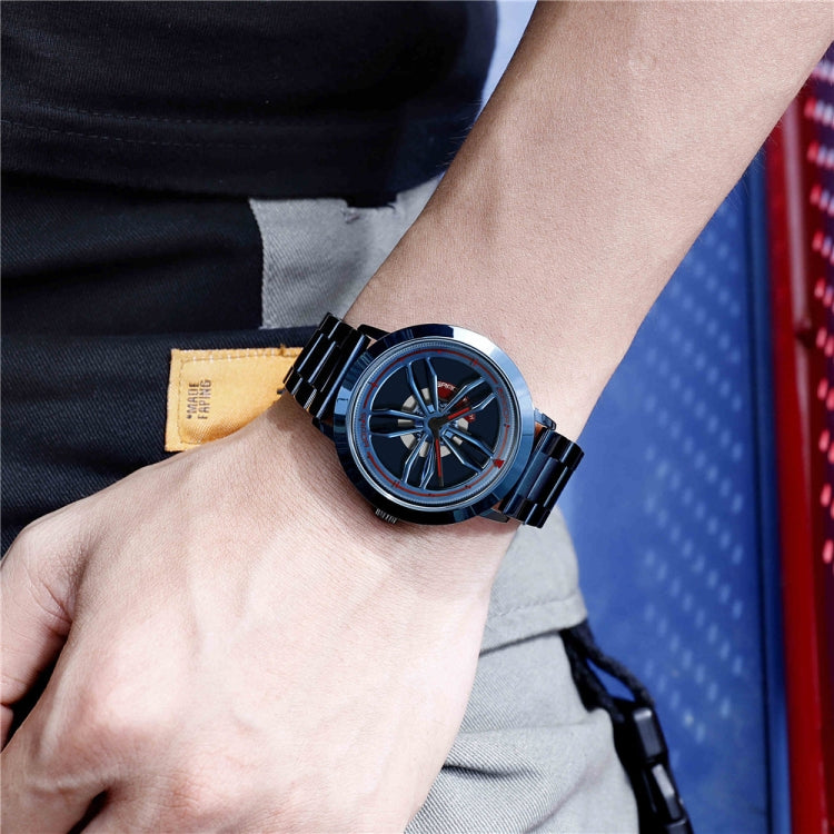 Men's watch with black band and blue bezel, shown on wrist with dark dial.