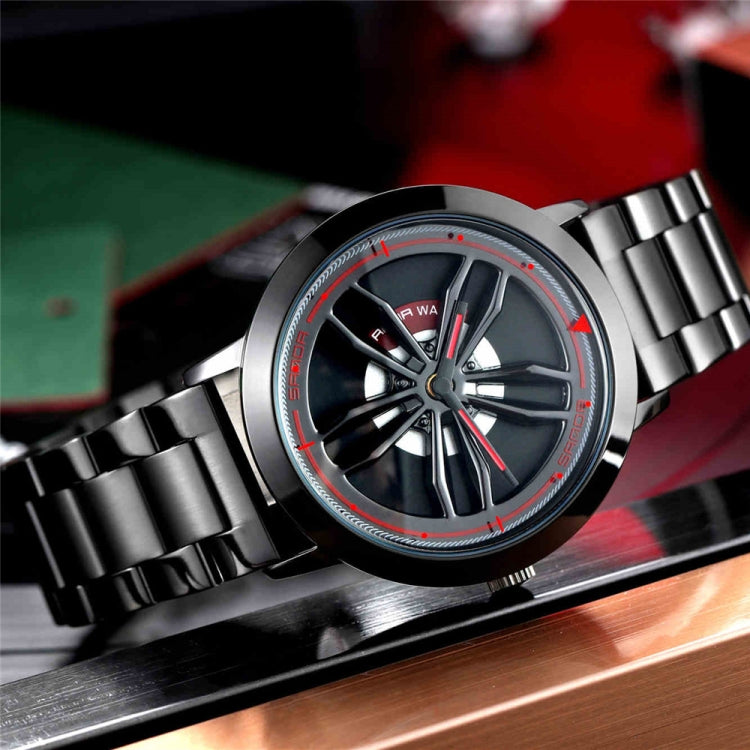 Men's analog watch on steel bracelet with black dial and red-accent wheel design